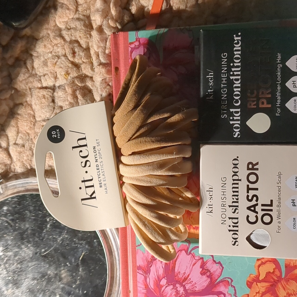 KITSCH SOLID CASTER OIL SHAMPOO, RICE WATER CONDITIONER, HAIR ELASTICS